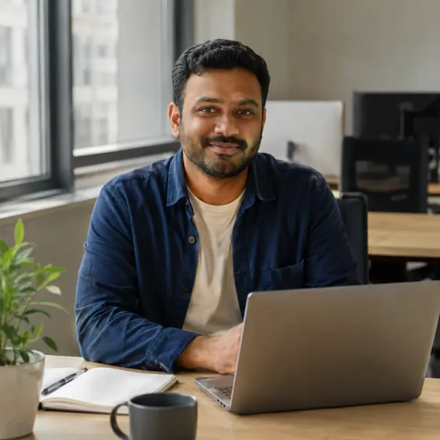 A man sitting at his laptop in a bright, everyday office
