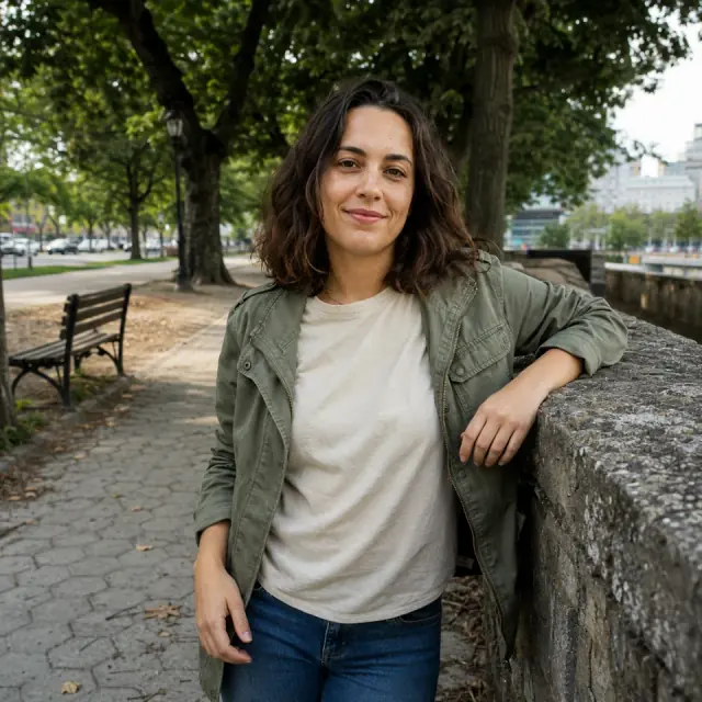 A woman smiling beside a stone wall on a park walk