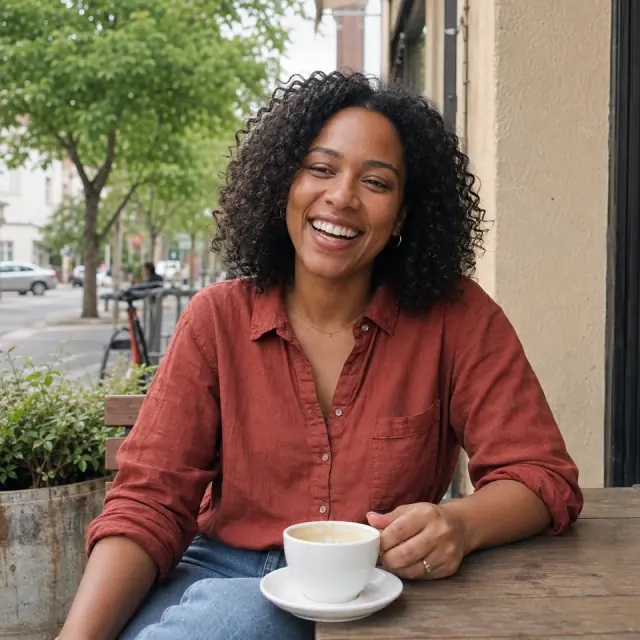 A woman laughing over coffee at an outdoor café