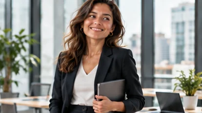 A woman with a tablet in a bright office