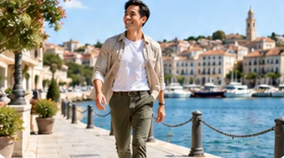 A man walking along a sunny waterfront