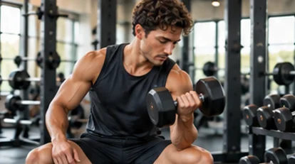 A man training with a dumbbell in a gym