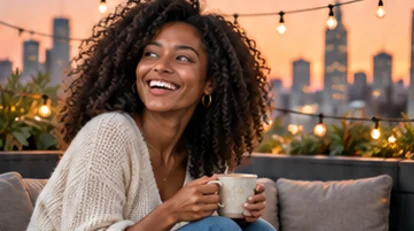 A woman relaxing with coffee on a terrace