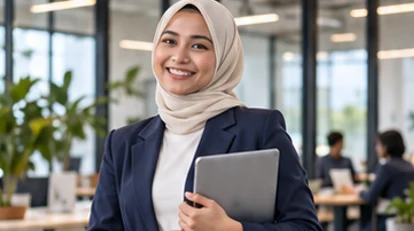 Perempuan membawa tablet di kantor yang terang